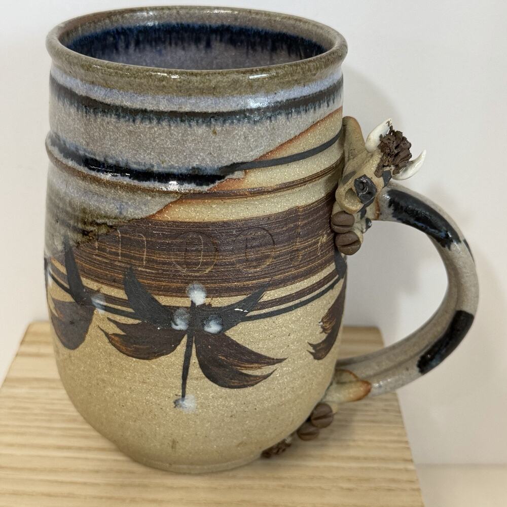 Studio Art Pottery Stoneware Mug 3D Cow Handle MOO Floral Signed Handmade